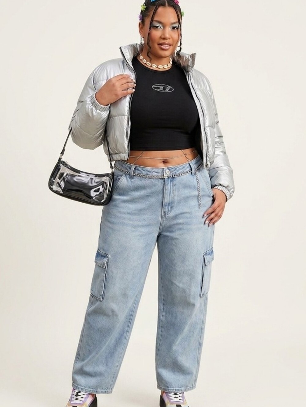 *2/30$* SHEIN NWOT Women's Light Blue Cargo Denim  Barrel Leg